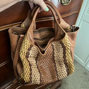 Brown and Tan Woven Leather Handbag
